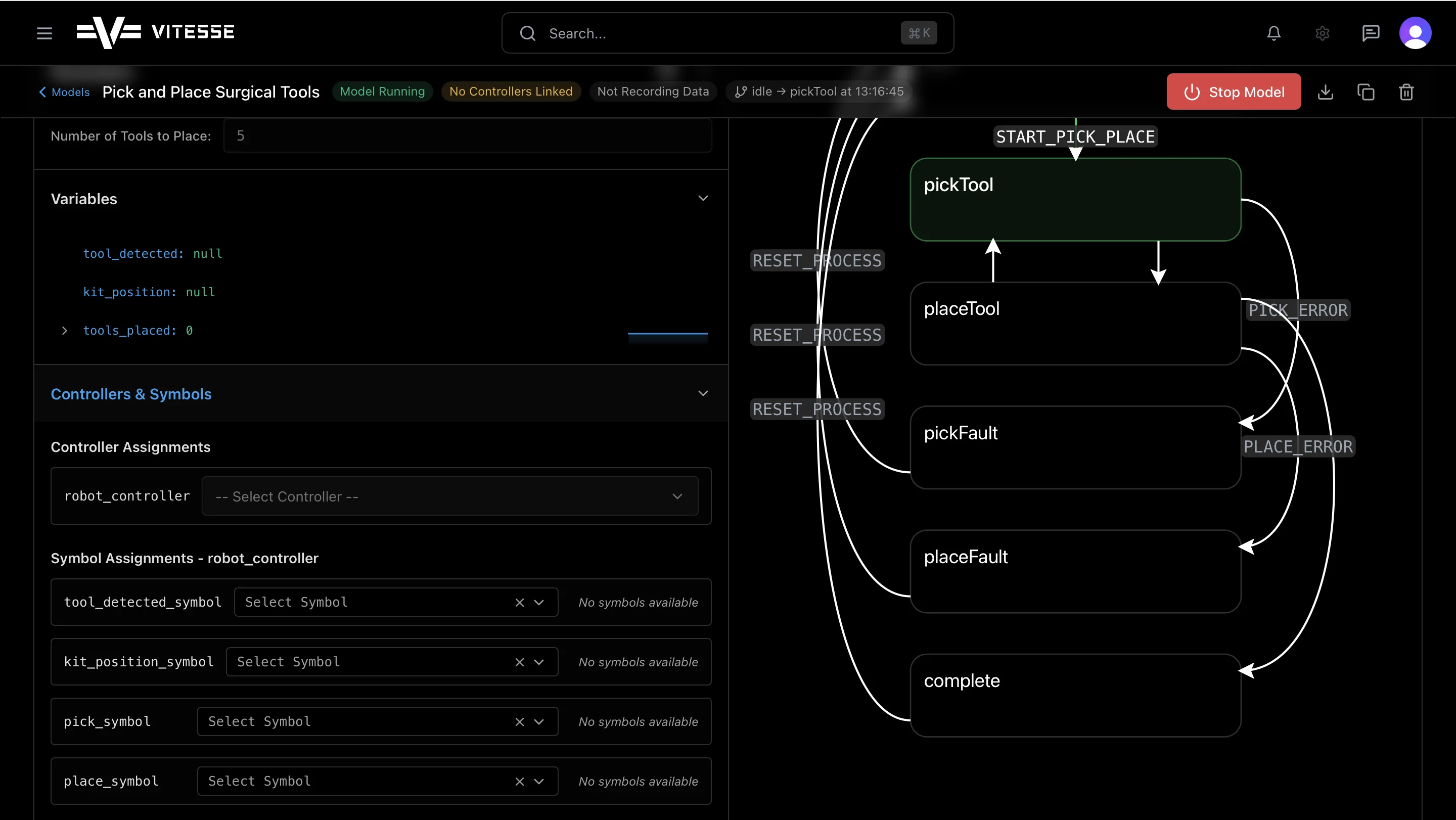 Vitesse statechart model — Pick and Place Surgical Tools running with live state visualization